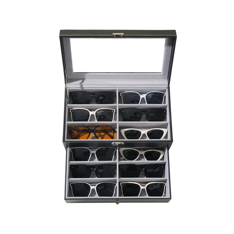 Leather 12-count Lockable Sunglass Glasses Display Drawer