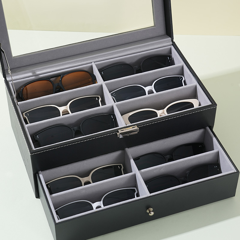 Leather 12-count Lockable Sunglass Glasses Display Drawer