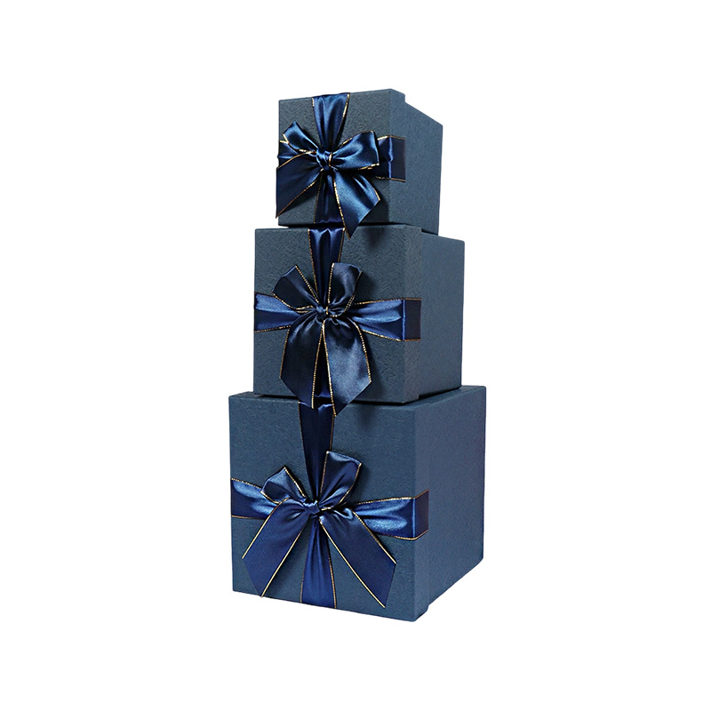 Luxury Blue Rigid Square Gift Box with Satin Ribbon Lid