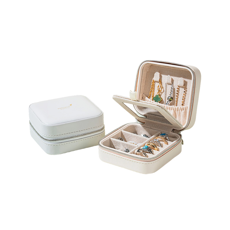 Simple PU Travel Zipper Jewelry Case with Mirror for Girls