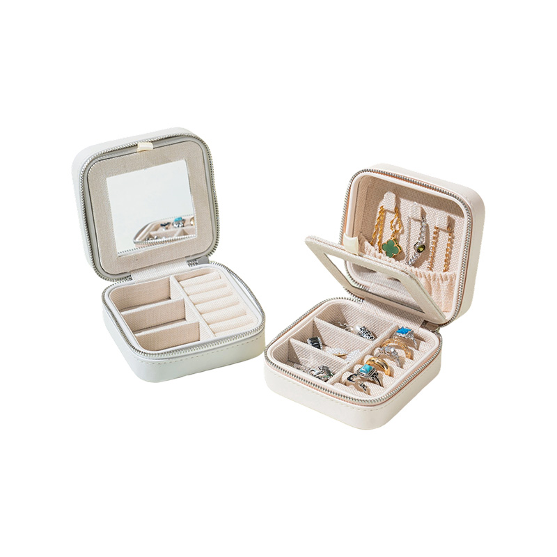 Simple PU Travel Zipper Jewelry Case with Mirror for Girls