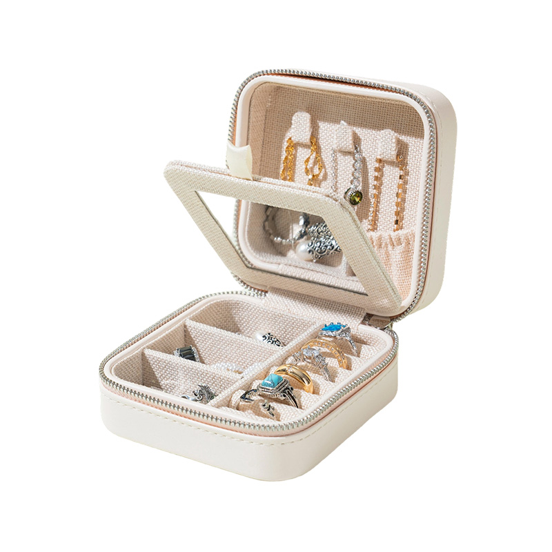 Simple PU Travel Zipper Jewelry Case with Mirror for Girls