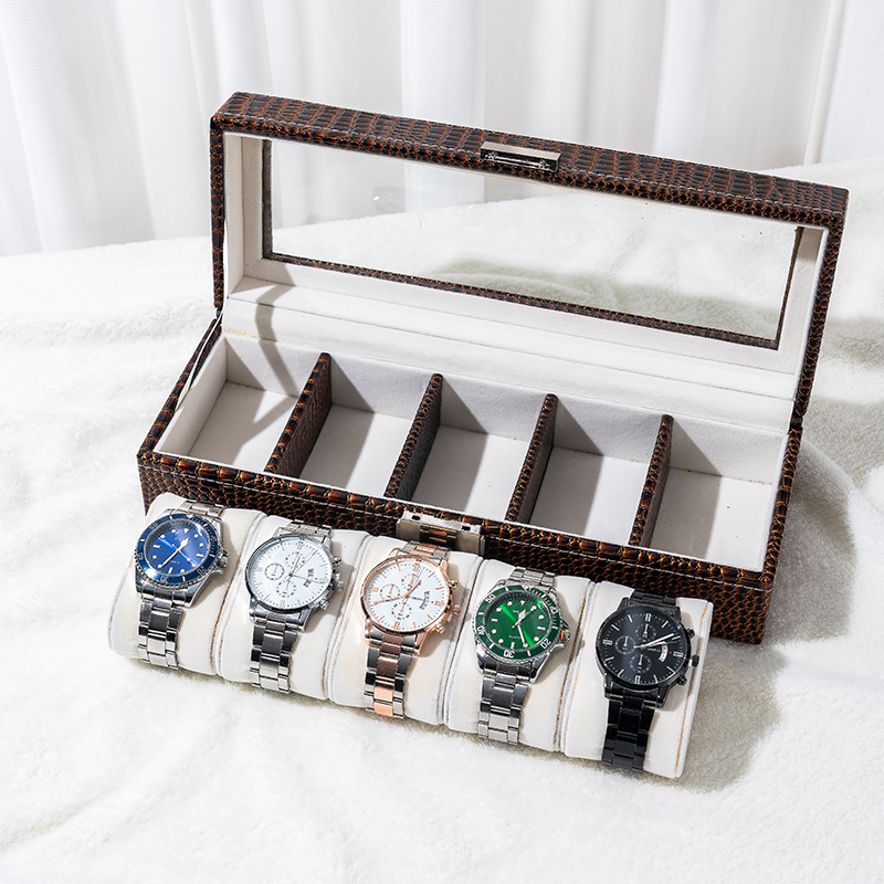 Alligator Print Leather Watch Storage Organizer with Glass Lid