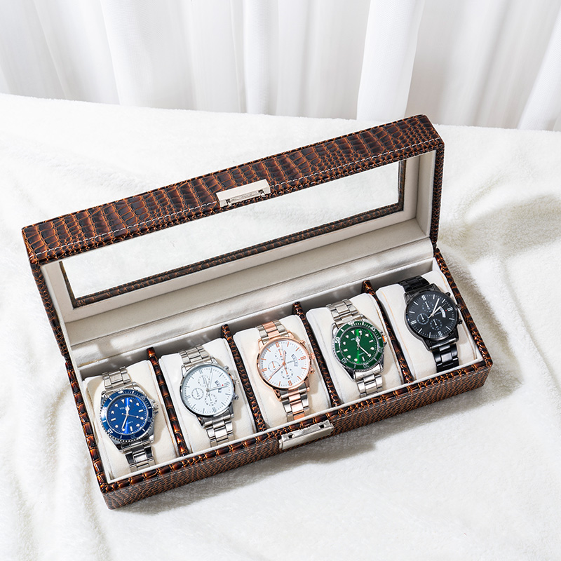 Alligator Print Leather Watch Storage Organizer with Glass Lid