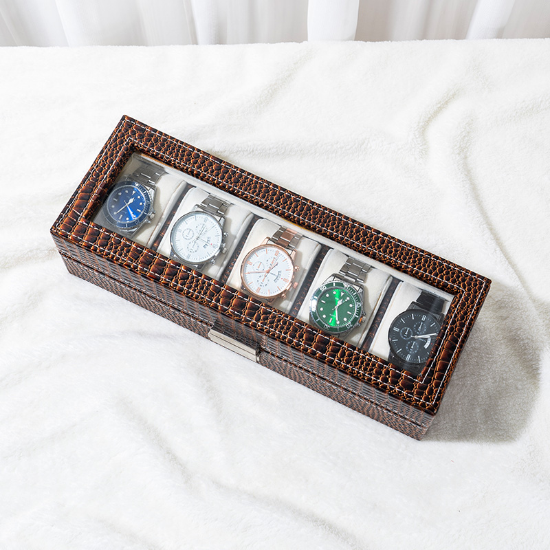 Alligator Print Leather Watch Storage Organizer with Glass Lid