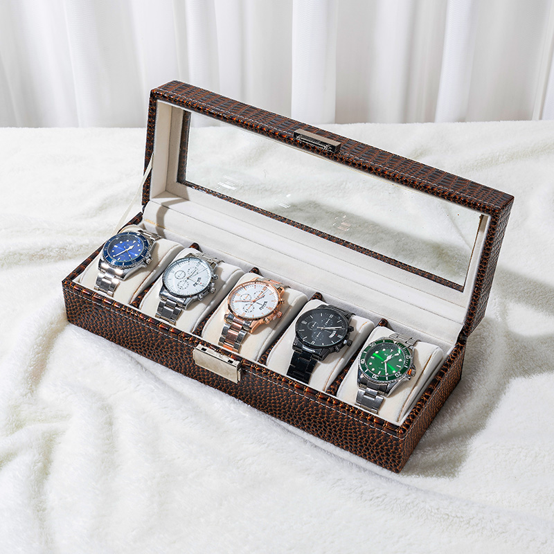 Alligator Print Leather Watch Storage Organizer with Glass Lid