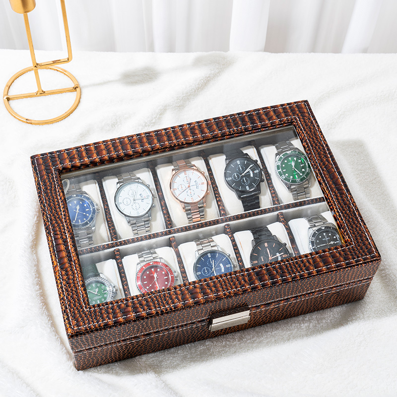 Alligator Print Leather Watch Storage Organizer with Glass Lid