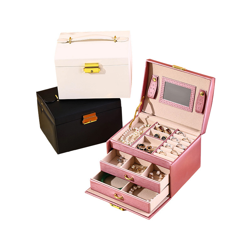 Large 3-Layer PU Leather Jewelry Storage Case with Mirror, Handle