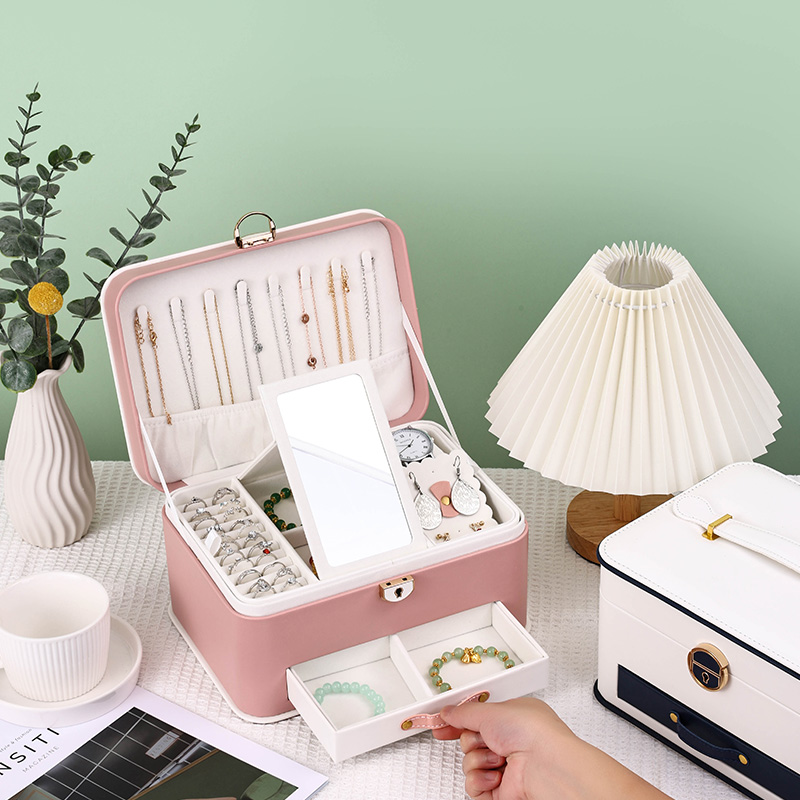 2-Layer Velvet PU Jewelry Storage Case with Drawers Mirror