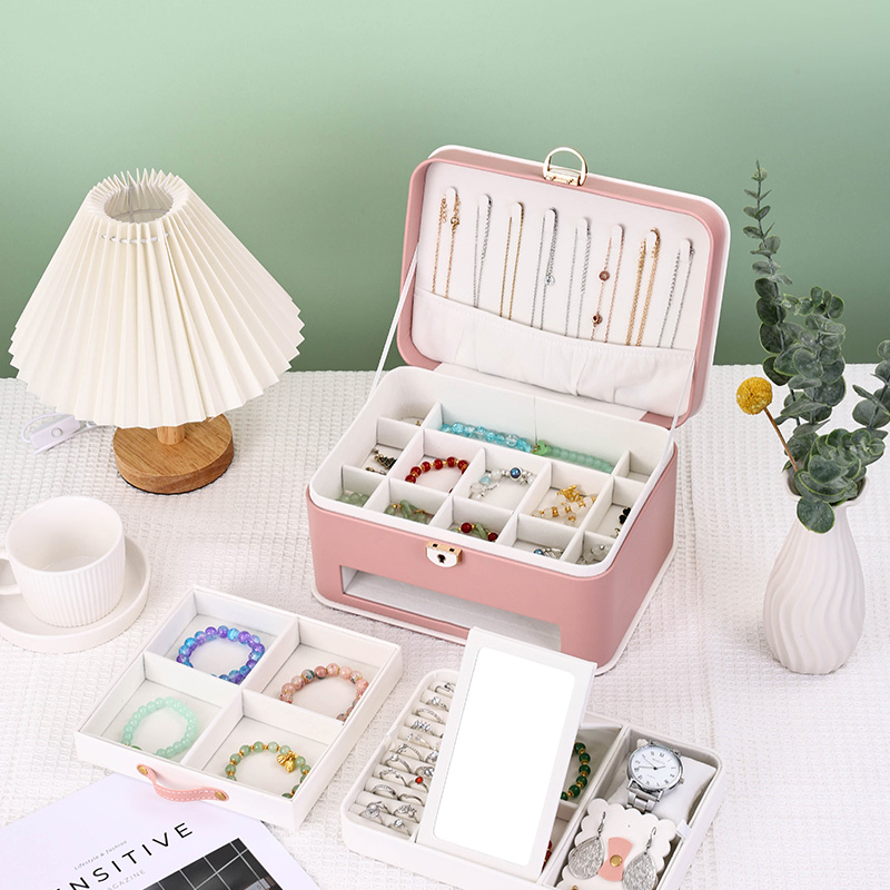 2-Layer Velvet PU Jewelry Storage Case with Drawers Mirror