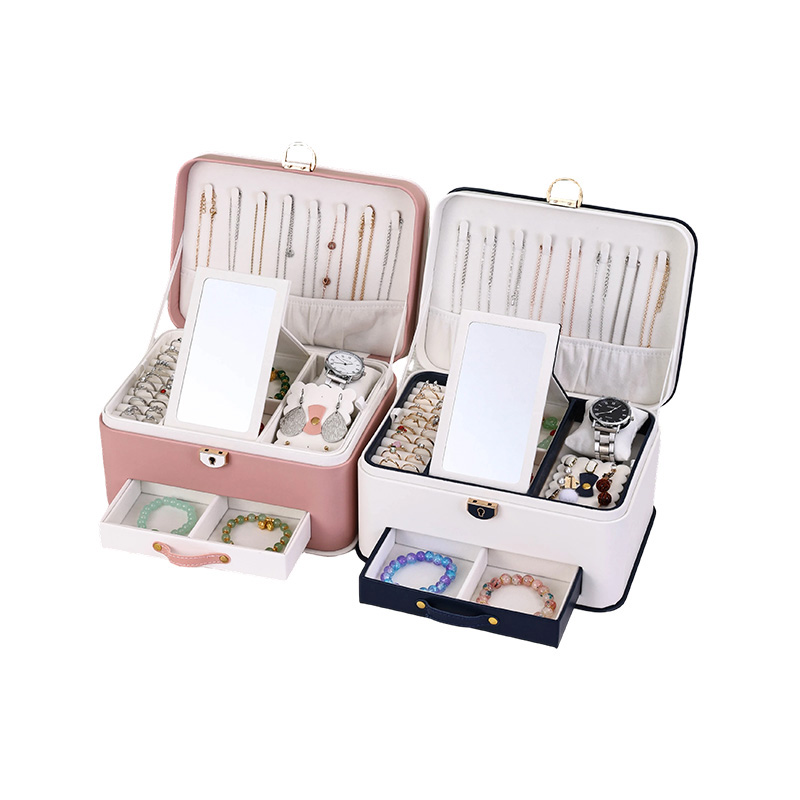 2-Layer Velvet PU Jewelry Storage Case with Drawers Mirror