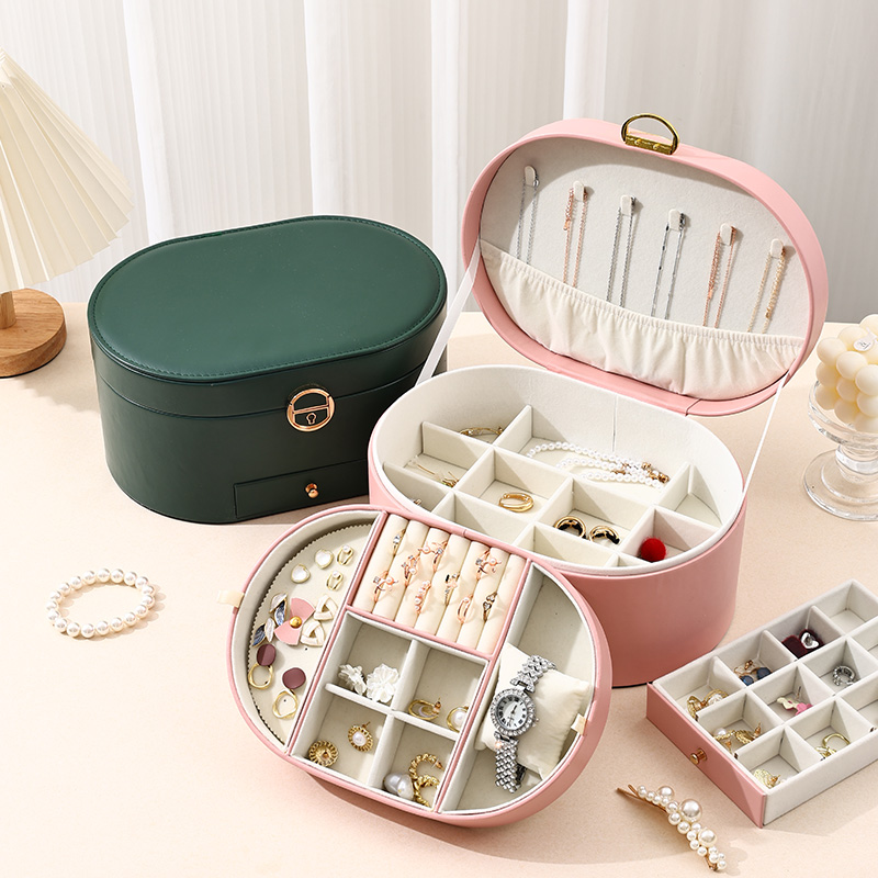 Oval Three-Layer Removable Drawer Jewelry Organizer Case