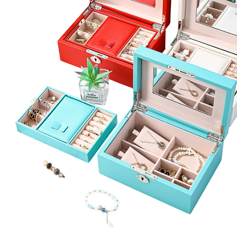 PU Leather Mirrored Travel Jewelry Box with Removable Tray