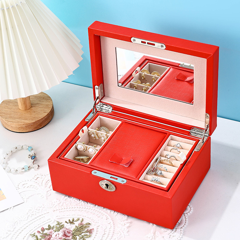 PU Leather Mirrored Travel Jewelry Box with Removable Tray