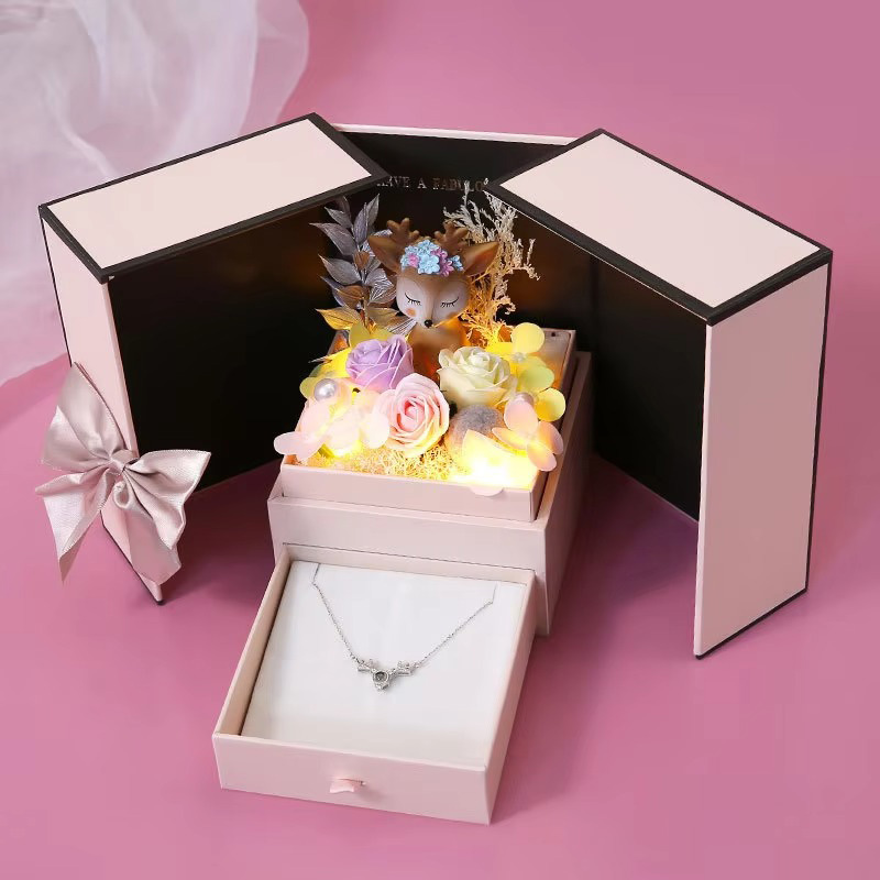 Creative Double Door Rose Ring Earrings Necklace Jewelry Gift Box