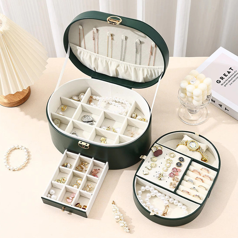 Oval Three-Layer Removable Drawer Jewelry Organizer Case