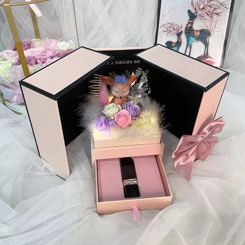 Creative Double Door Rose Ring Earrings Necklace Jewelry Gift Box
