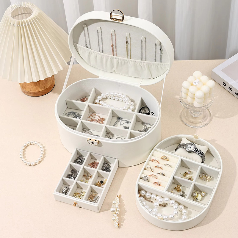 Oval Three-Layer Removable Drawer Jewelry Organizer Case