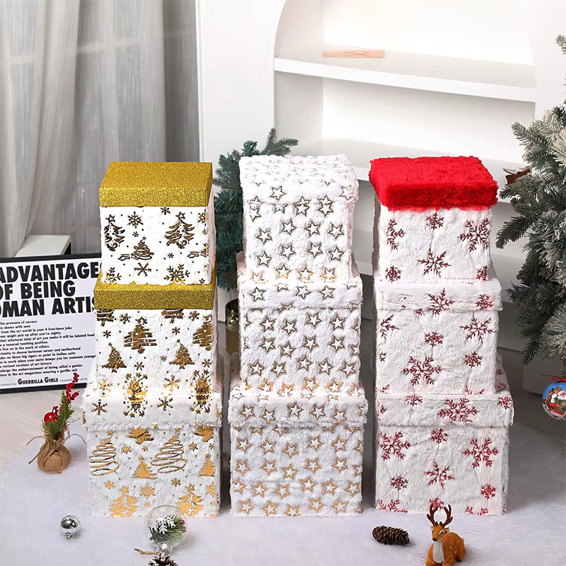 Christmas Plush Fabric Paperboard Gift Boxes with Snowflake Star Lid