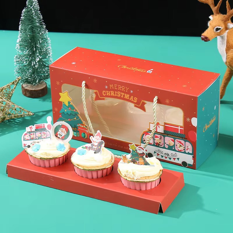 Christmas Cupcakes Paper Gift Box with Partition Plate Transparent Window