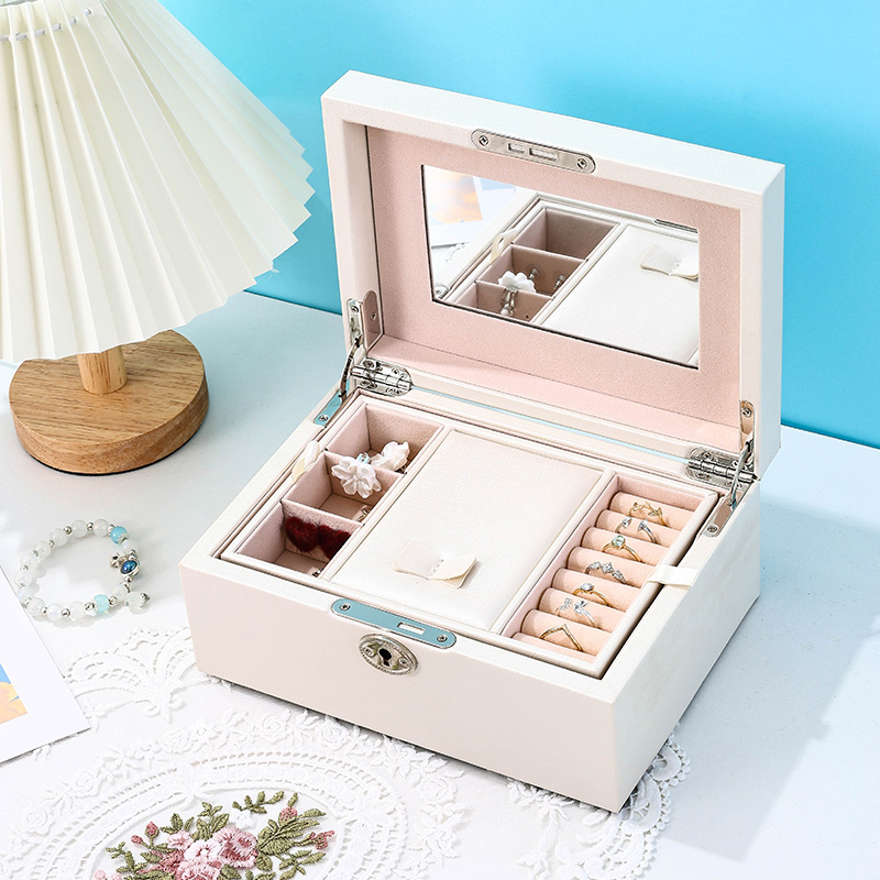 PU Leather Mirrored Travel Jewelry Box with Removable Tray