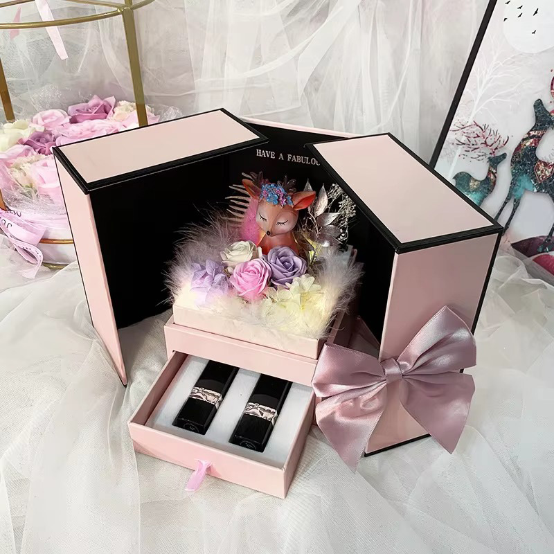 Creative Double Door Rose Ring Earrings Necklace Jewelry Gift Box