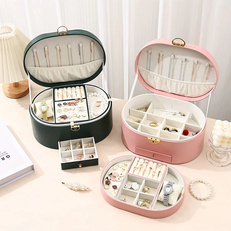 Oval Three-Layer Removable Drawer Jewelry Organizer Case