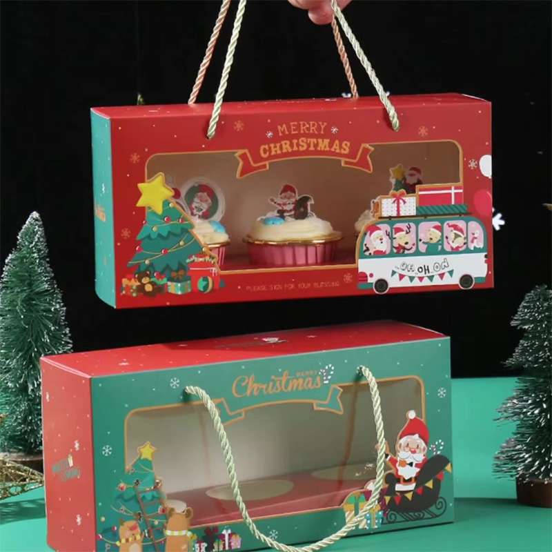 Christmas Cupcakes Paper Gift Box with Partition Plate Transparent Window