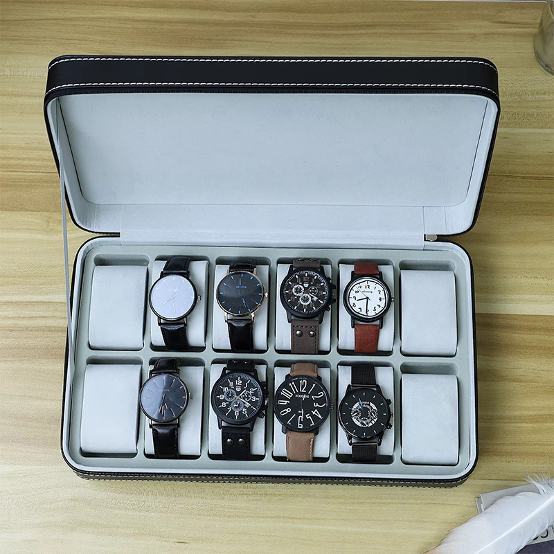 6, 10, 12 Slot Black PU Leather Watch Storage Organizer