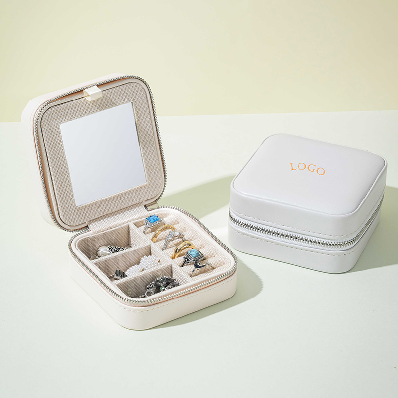 Simple PU Travel Zipper Jewelry Case with Mirror for Girls