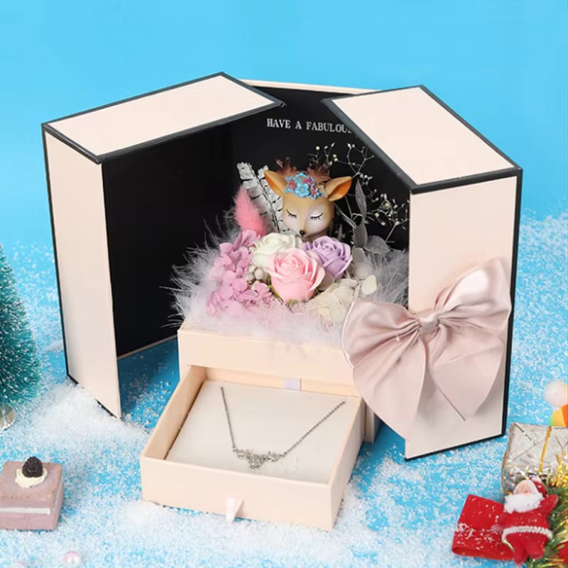 Creative Double Door Rose Ring Earrings Necklace Jewelry Gift Box