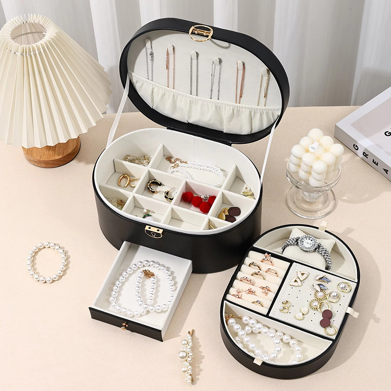 Oval Three-Layer Removable Drawer Jewelry Organizer Case