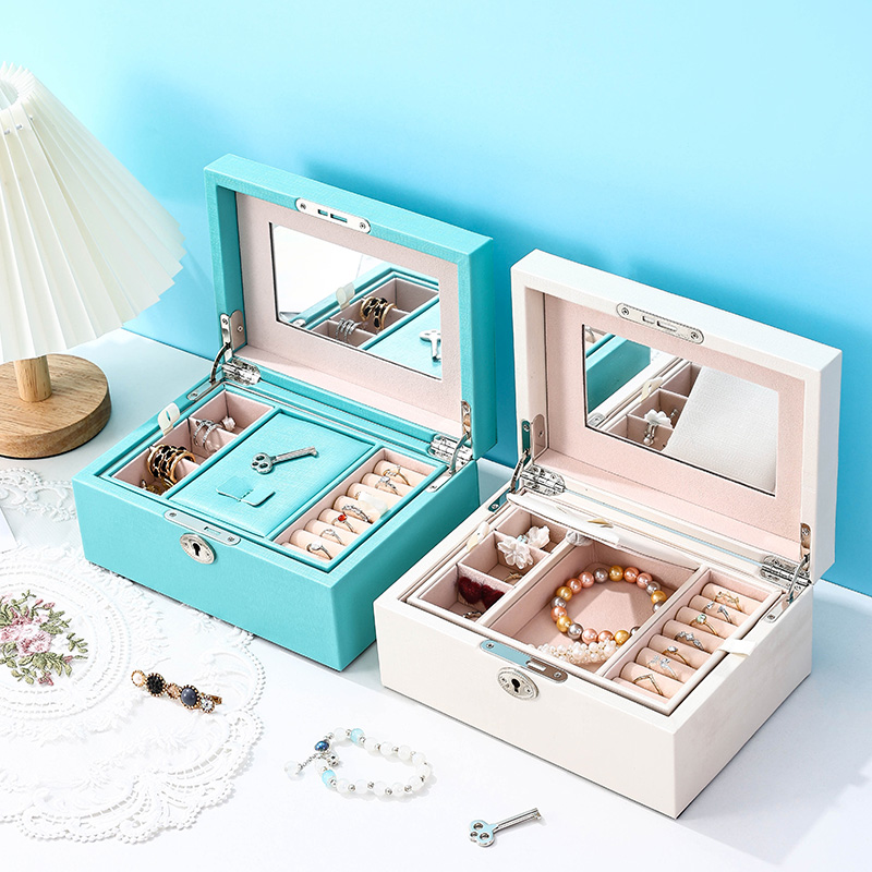 PU Leather Mirrored Travel Jewelry Box with Removable Tray