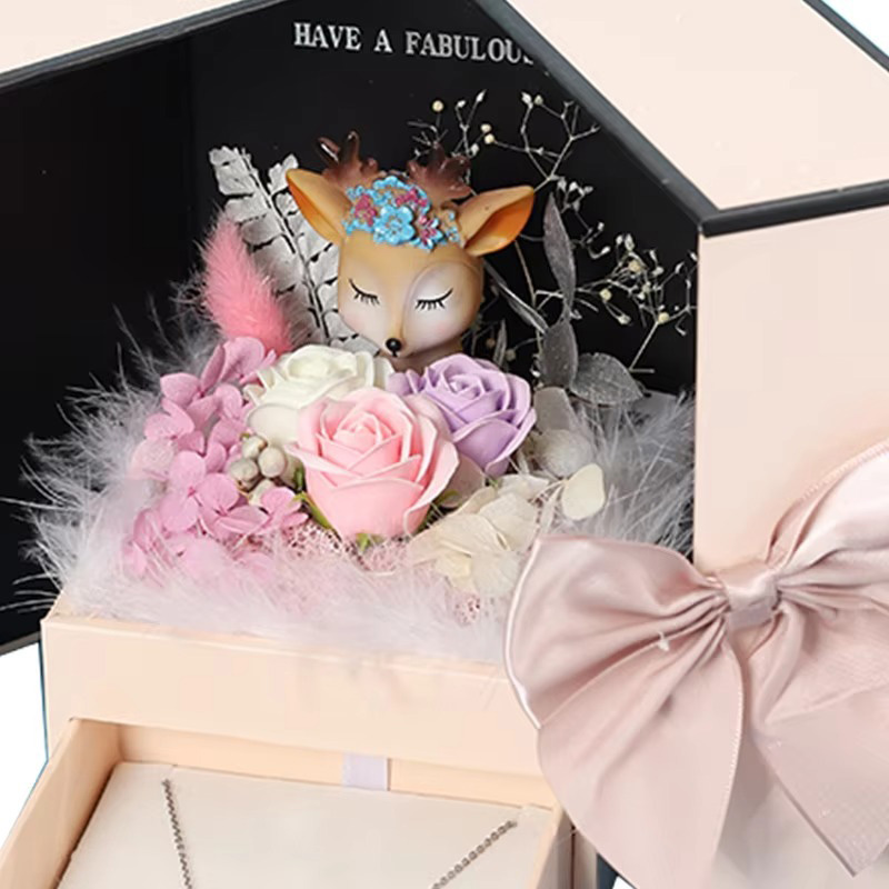Creative Double Door Rose Ring Earrings Necklace Jewelry Gift Box