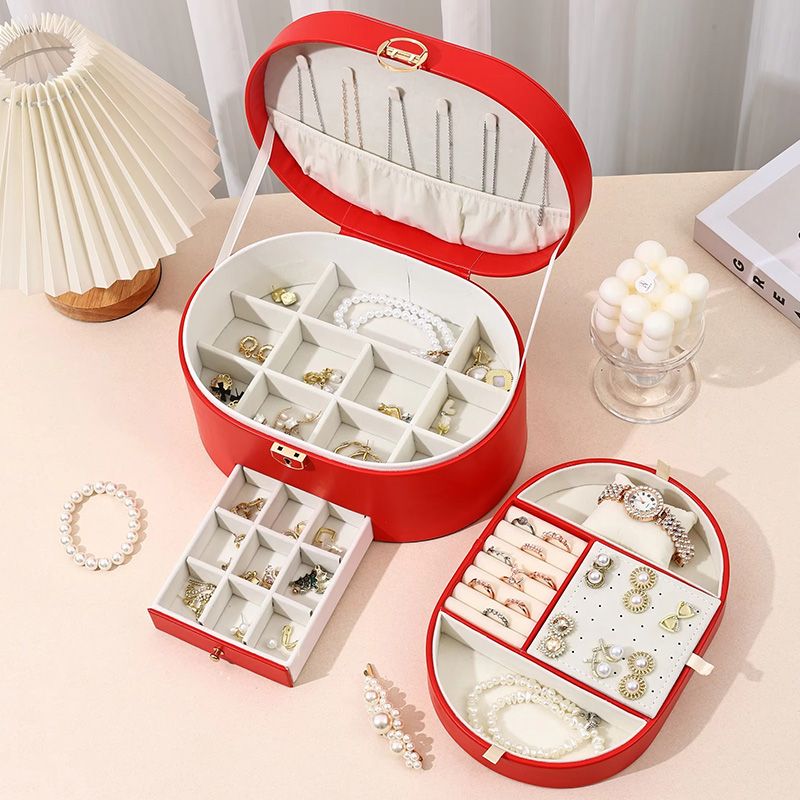 Oval Three-Layer Removable Drawer Jewelry Organizer Case