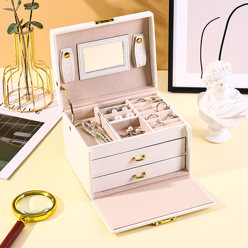 Large 3-Layer PU Leather Jewelry Storage Case with Mirror, Handle