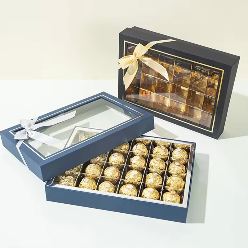 Clear Window Cardboard Chocolate Packaging Box with Ribbon Bow