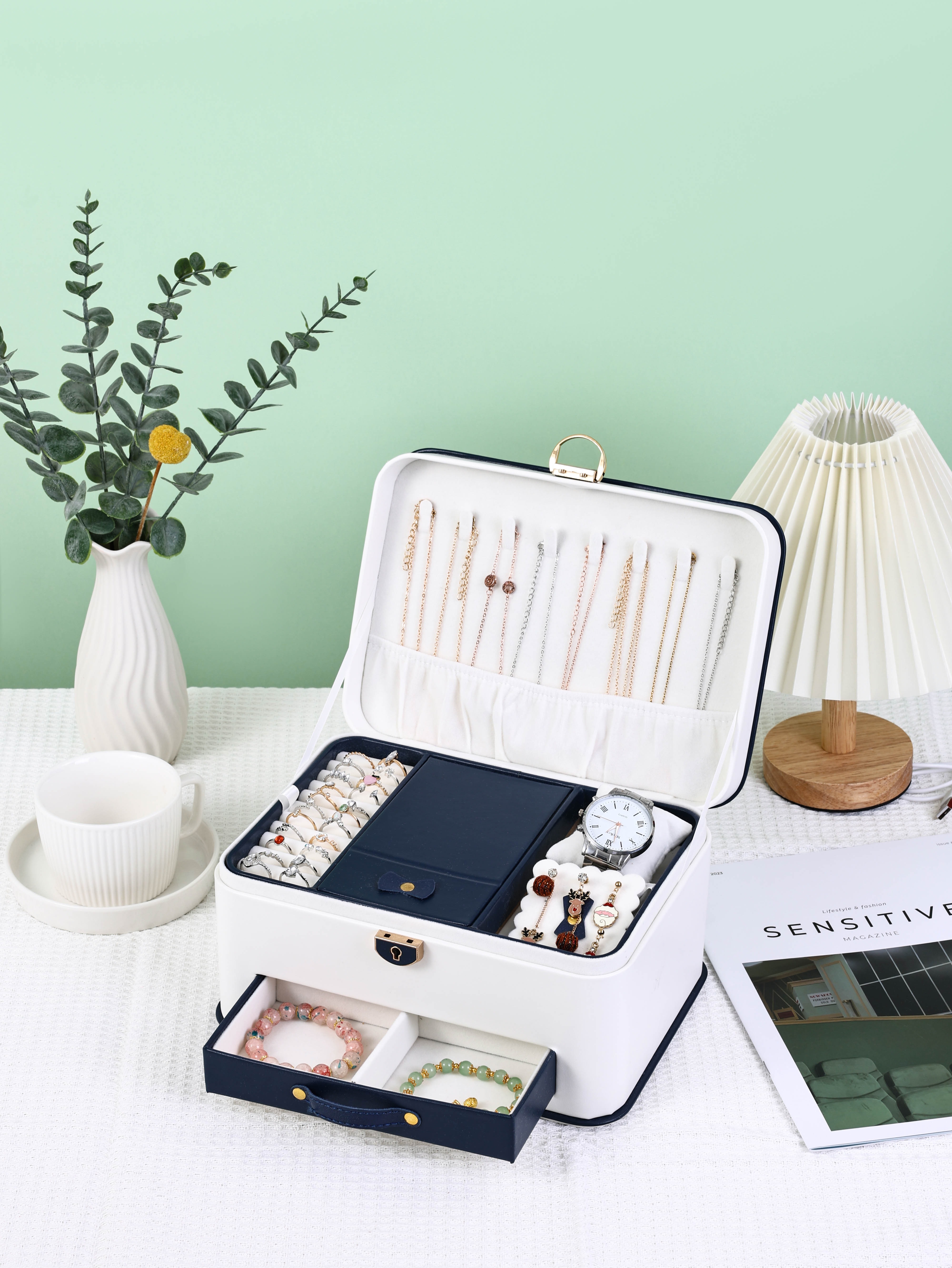 2-Layer Velvet PU Jewelry Storage Case with Drawers Mirror