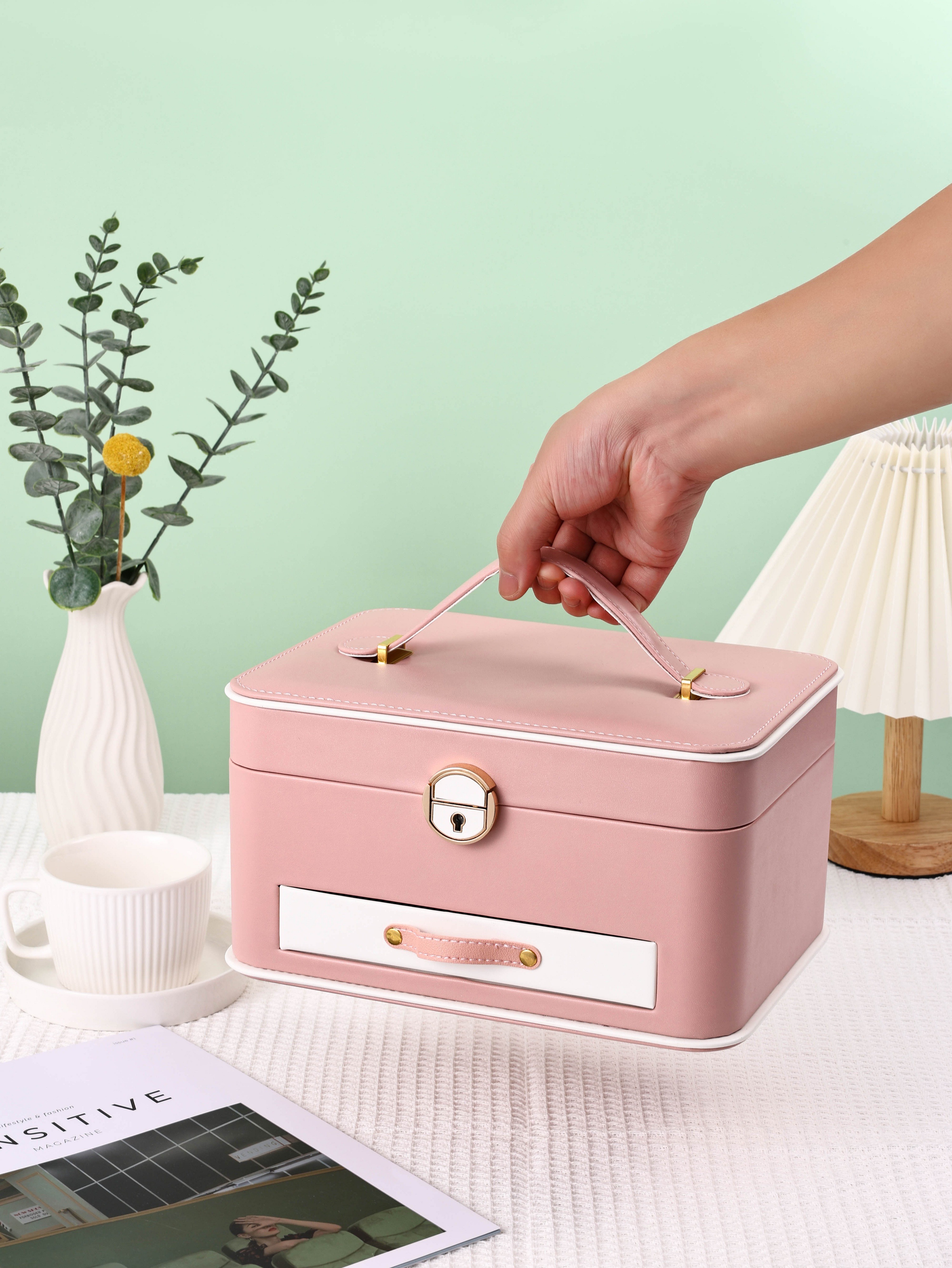 2-Layer Velvet PU Jewelry Storage Case with Drawers Mirror