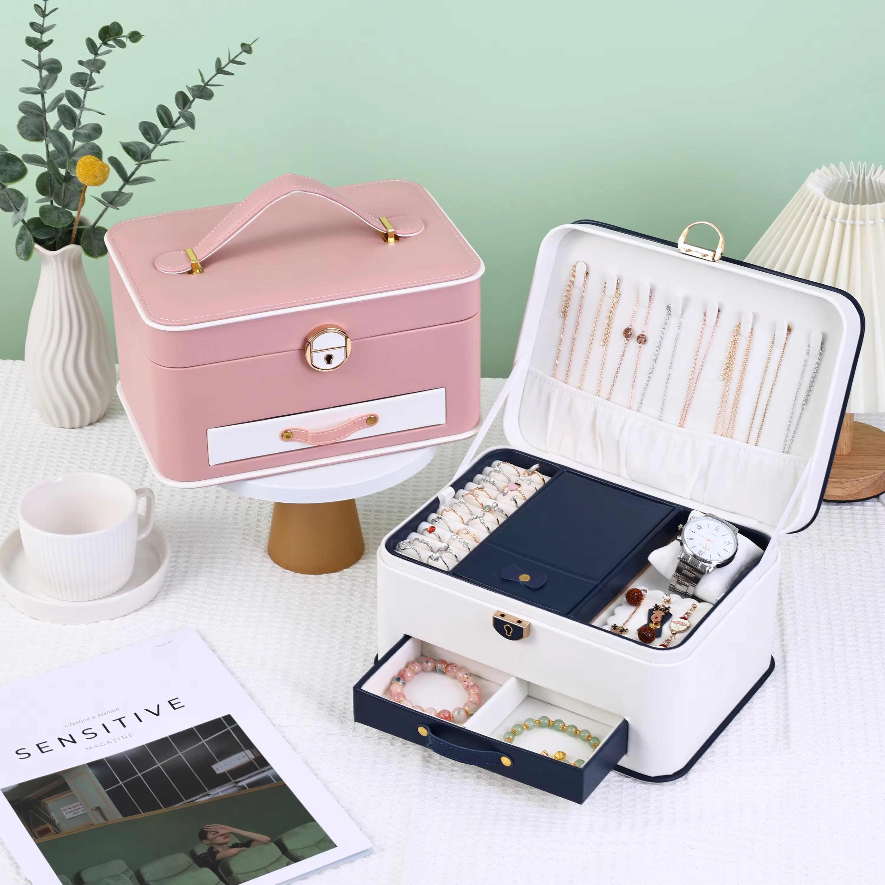 2-Layer Velvet PU Jewelry Storage Case with Drawers Mirror